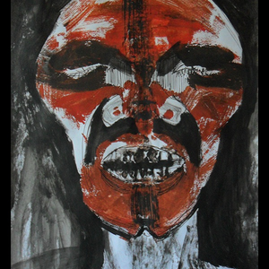 Strongly stylized face of a person in dark grey and red tones