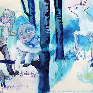 Blue watercolour landscape with two humans and a deer